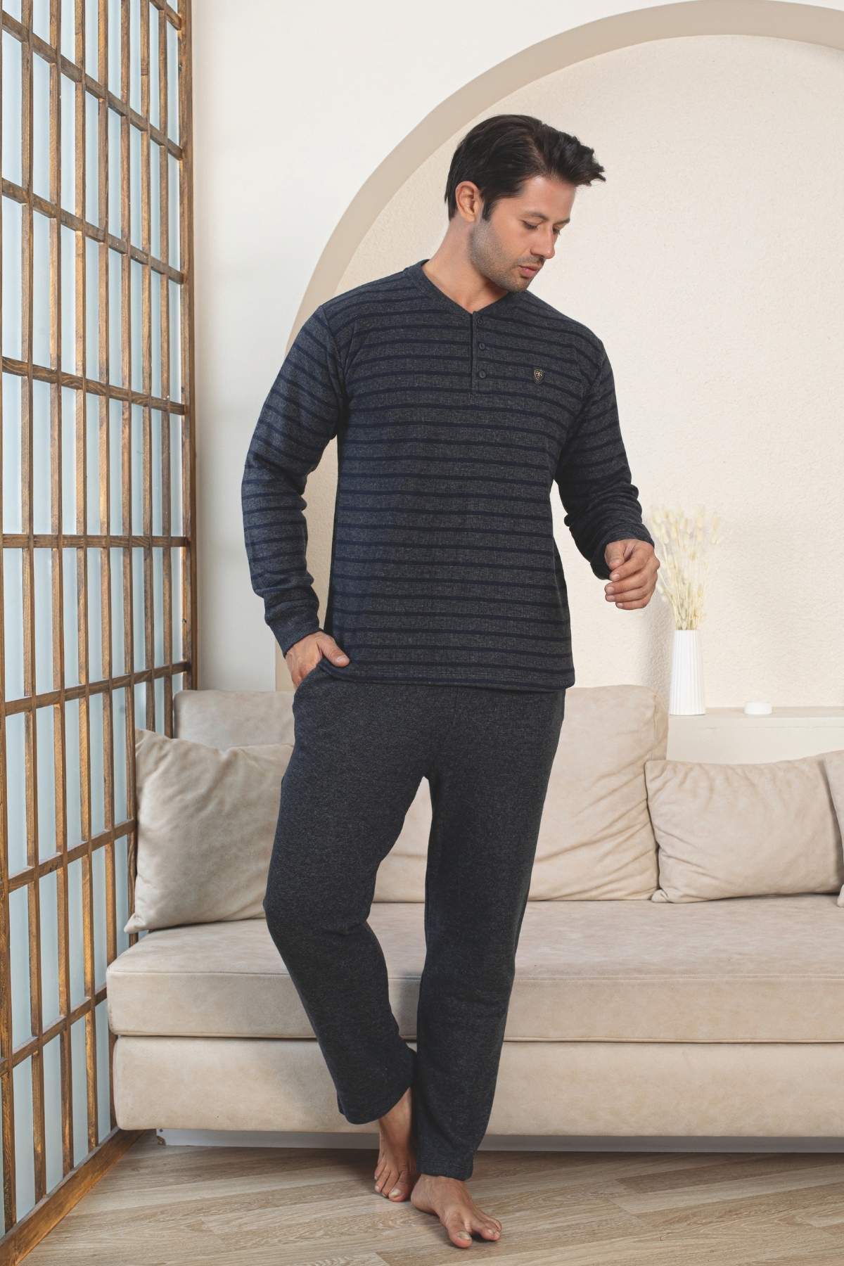 Erkek Eşofman Pijama Takımı - Lacivert Kışlık Şardonlu Selanik Kumaş 1220UK
