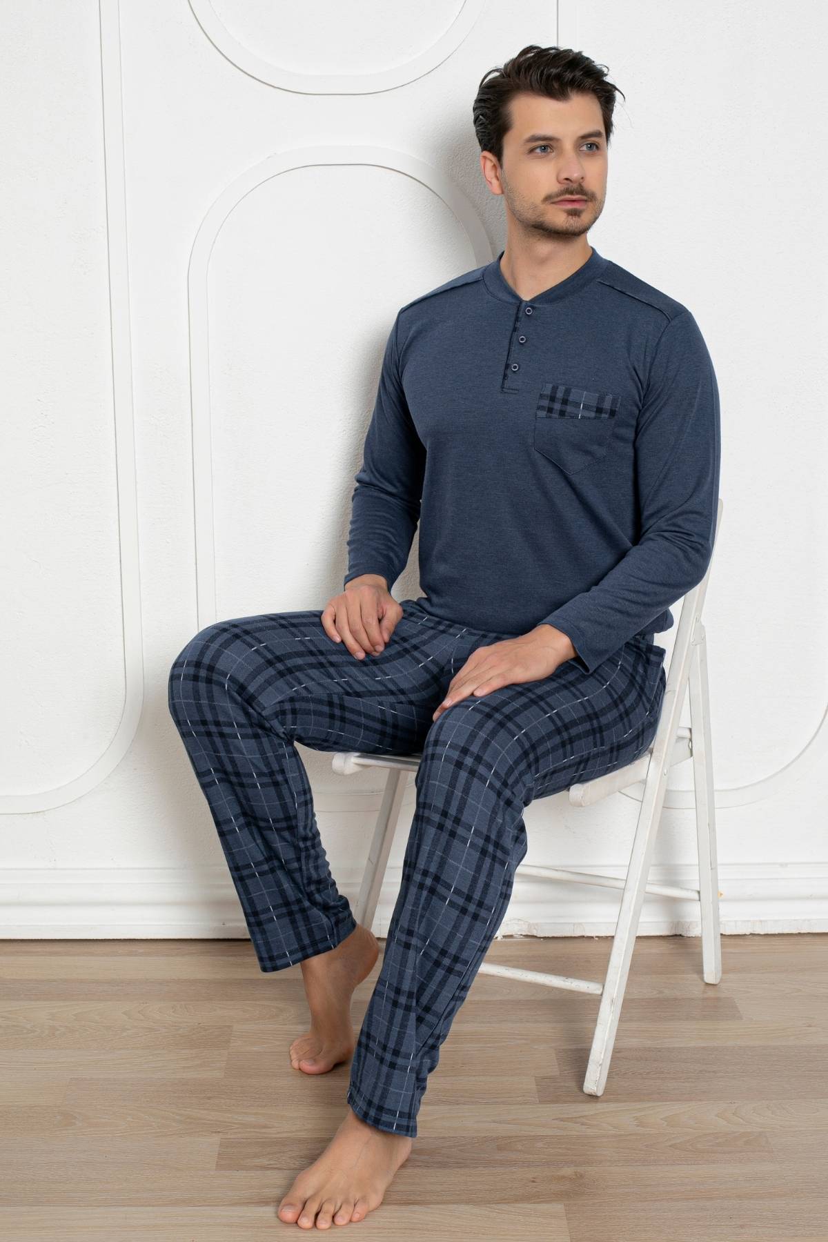 Erkek Pijama Takımı - İndigo Kışlık Şardonlu Jakarlı Kumaş 1211UK