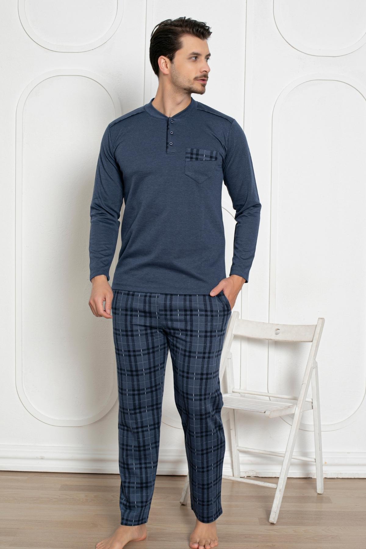 Erkek Pijama Takımı - İndigo Kışlık Şardonlu Jakarlı Kumaş 1211UK