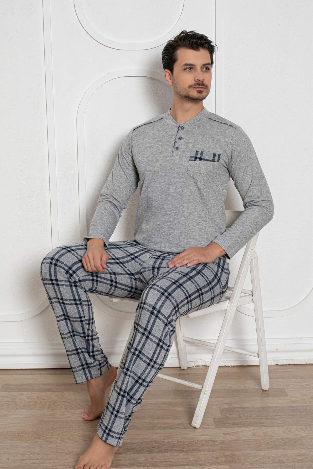 Erkek Pijama Takımı - Gri Kışlık Şardonlu Jakarlı Kumaş 1211UK