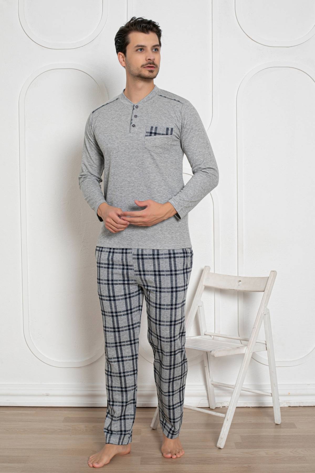 Erkek Pijama Takımı - Gri Kışlık Şardonlu Jakarlı Kumaş 1211UK