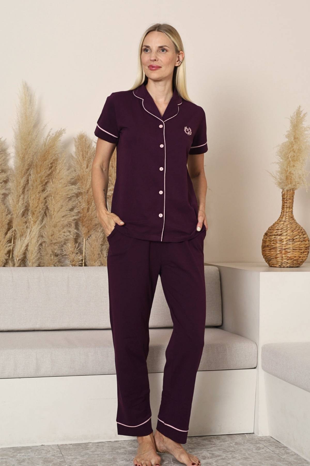 Bayan Pijama Takımı  - Mor Önden Düğmeli Kısa Kol Likralı Penye 2577KY