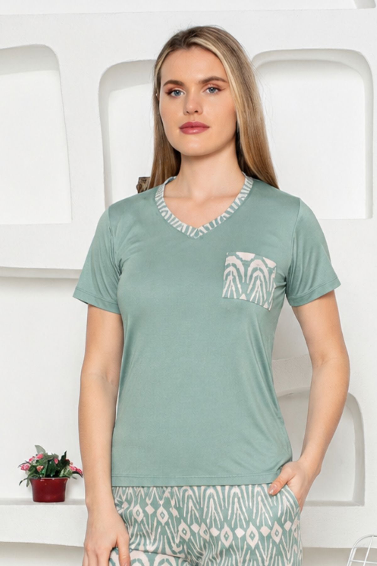 Etnik Desenli Kadın Pijama Takımı - Yeşil Uzun Kollu Milan kumaş 2824KY