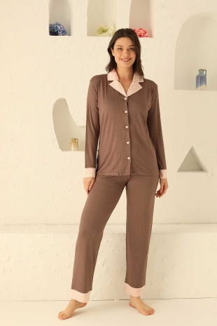 Kahverengi Küçük Puantiyeli Önden Düğmeli Bayan Pijama Takımı 2716UY - 3