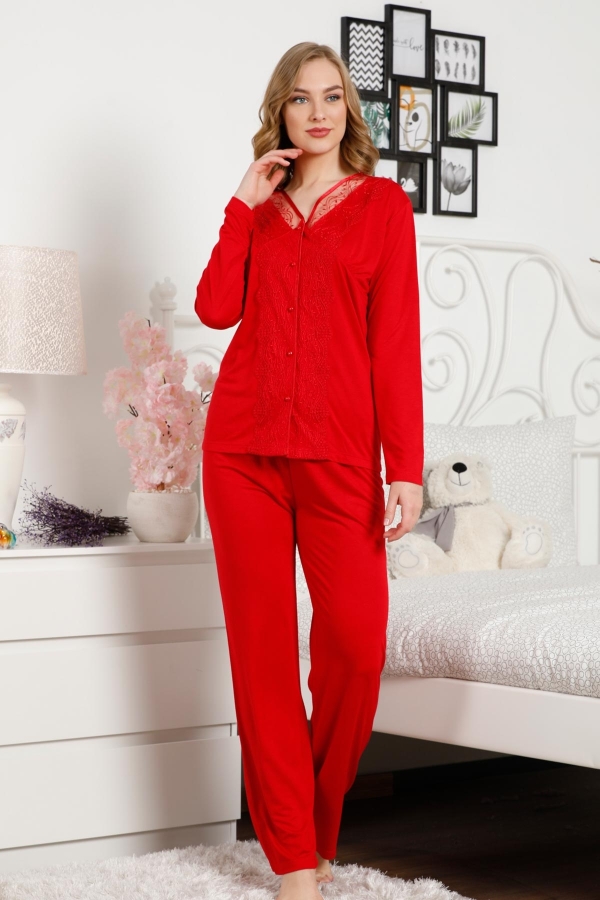 Kırmızı Dantelli Önden Düğmeli Kadın Pijama Takımı 2465 - 1