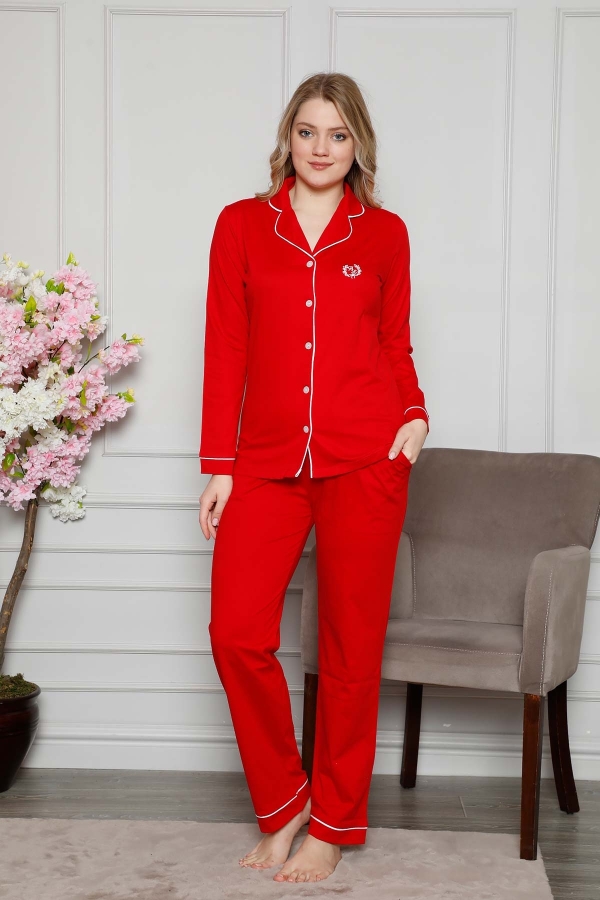 Kırmızı Likralı Önden Düğmeli Uzun Kollu Bayan Pijama Takımı 2577UKL - 1