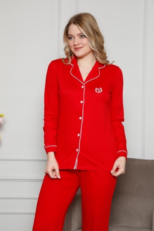 Kırmızı Likralı Önden Düğmeli Uzun Kollu Bayan Pijama Takımı 2577UKL - 5