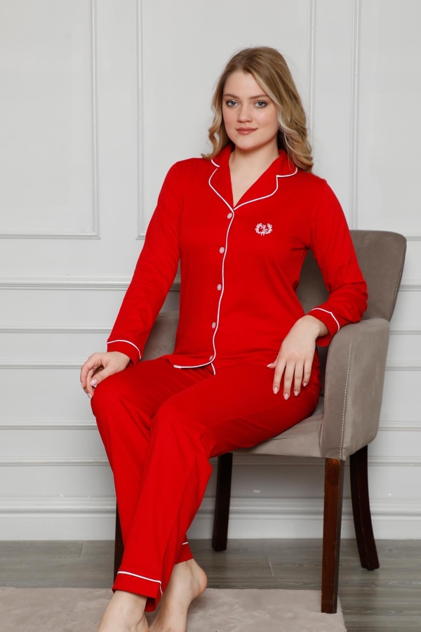 Kırmızı Önden Düğmeli Uzun Kollu Bayan Pijama Takımı 2577UY - 2
