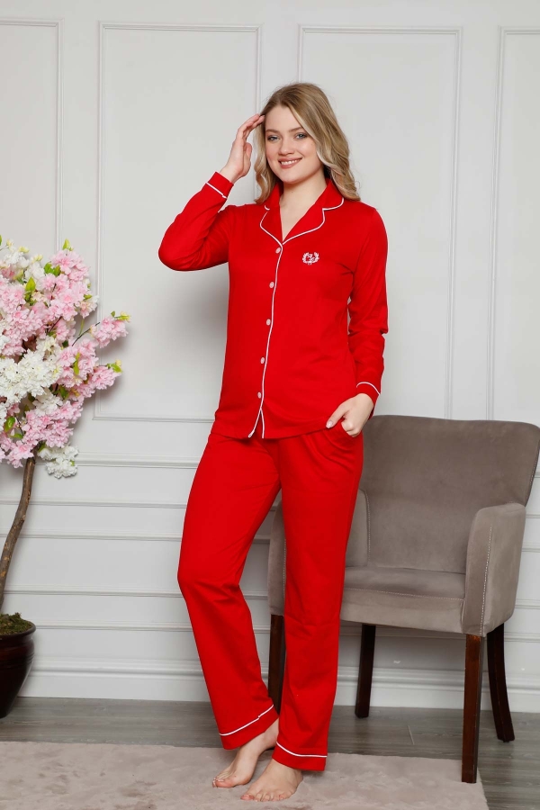 Kırmızı Önden Düğmeli Uzun Kollu Bayan Pijama Takımı 2577UY - 3