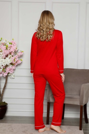Kırmızı Önden Düğmeli Uzun Kollu Bayan Pijama Takımı 2577UY - 6