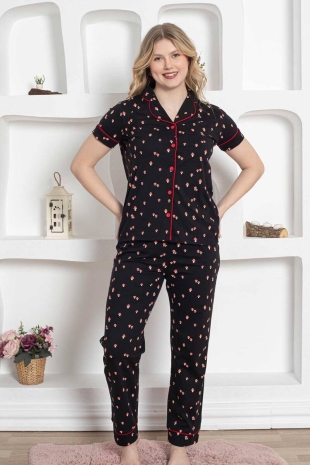 Mantar Desenli Önden Düğmeli Kısa Kollu Bayan Pijama Takımı 2778KY - 1