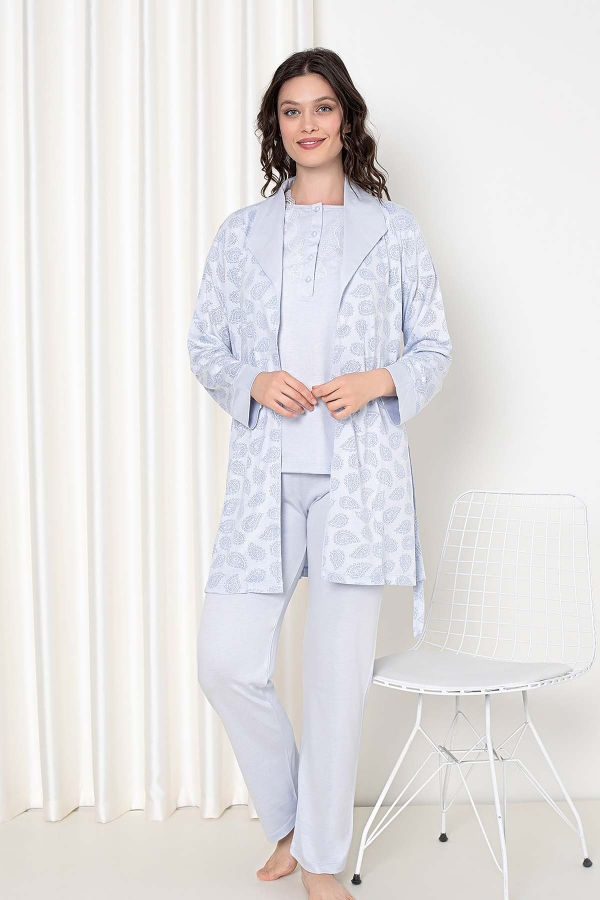 Mavi Sabahlıklı 3 lü Kutulu Kadın Pijama Takımı 2647 - 1