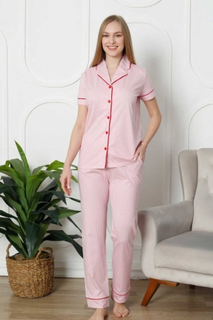 Pembe Çizgili Kısa Kollu Gömlek Pijama Takımı 2780KY - 1