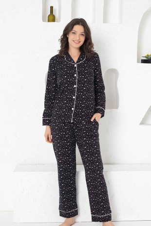 Siyah Likralı Önden Düğmeli Uzun Kollu Bayan Pijama Takımı 2769UKL - 1